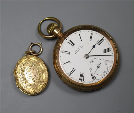 A gold plated Waltham pocket watch and a yellow metal locket.